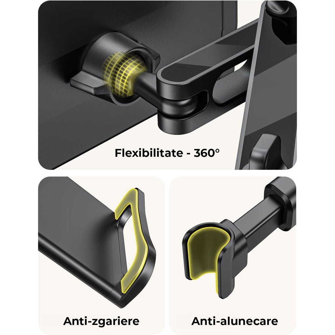 Suport Auto Tableta si Telefon Premium Elindor® pentru Tetiera Scaun, Compatibil 4.4-11 inch, iPad, Samsung Tab, Switch, Smartphones, Universal, Brat Extensibil Ajustabil 360°, Pliabil, Ideal pentru Copii sau Adulti, Accesorii Masina, Negru