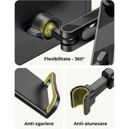 Suport Auto Tableta si Telefon Premium Elindor® pentru Tetiera Scaun, Compatibil 4.4-11 inch, iPad, Samsung Tab, Switch, Smartphones, Universal, Brat Extensibil Ajustabil 360°, Pliabil, Ideal pentru Copii sau Adulti, Accesorii Masina, Negru