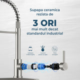 Baterie Chiuveta Bucatarie Argintie Elindor® Robinet de Apa Modern, cu Suport Incastrat pentru Sapun, Jet Reglabil, Cap Dus Extractabil cu Trei Functii, Monocomanda, pentru Bucatarie, Otel Inoxidabil, Finisaj Mat