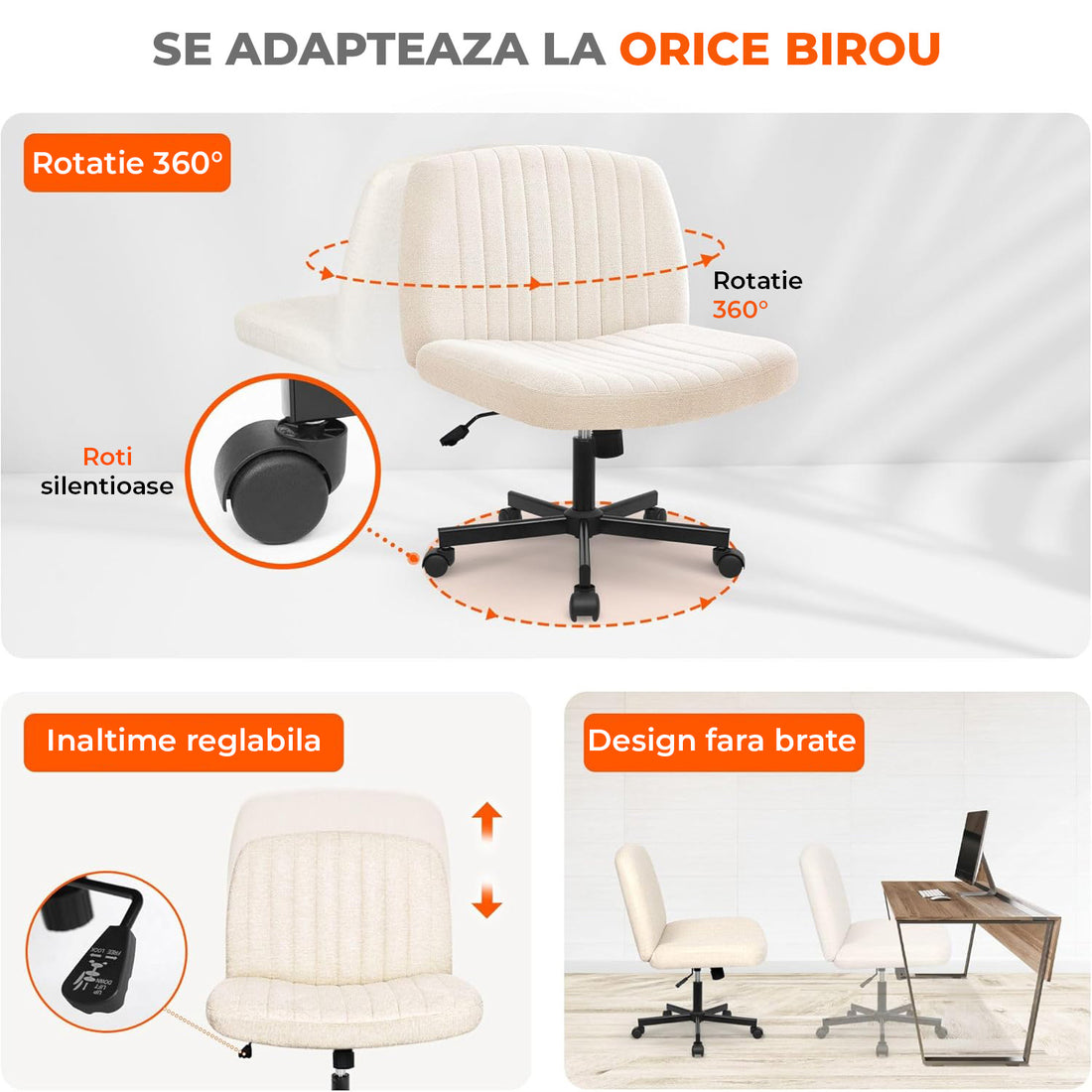 Scaun Birou Ergonomic Elindor® Rotativ 360°, fara Manere, cu Spatar Design Compact, Confortabil, Scaune in Stil Modern cu Roti, Picioare Metalice, Reglaj Balansare, Inaltime Ajustabila, 56 × 67 × 92 cm, Bej