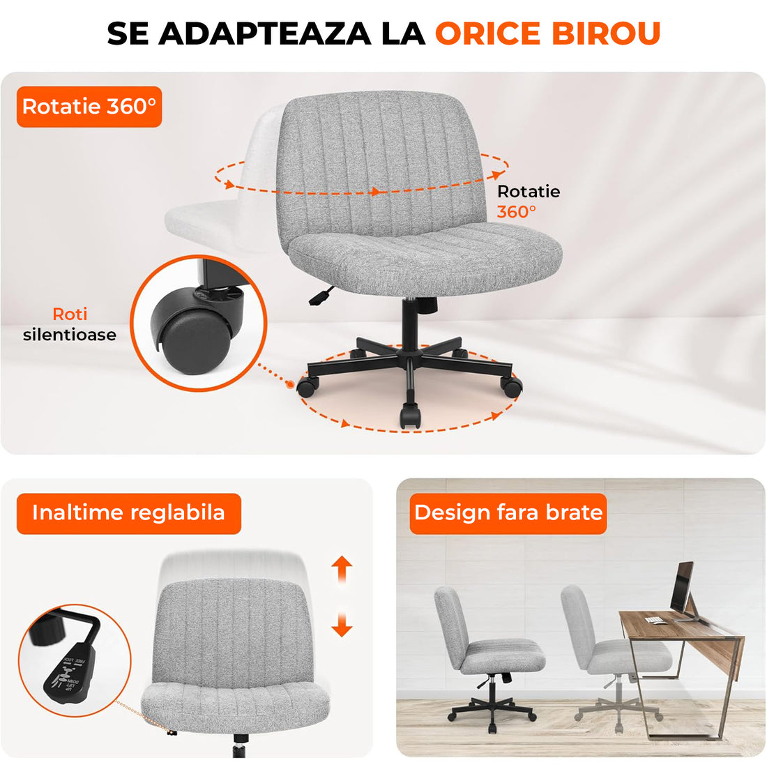 Scaun Birou Ergonomic Elindor® Rotativ 360°, fara Manere, cu Spatar Design Compact, Confortabil, Scaune in Stil Modern cu Roti, Picioare Metalice, Reglaj Balansare, Inaltime Ajustabila, 56 × 67 × 92 cm, Gri