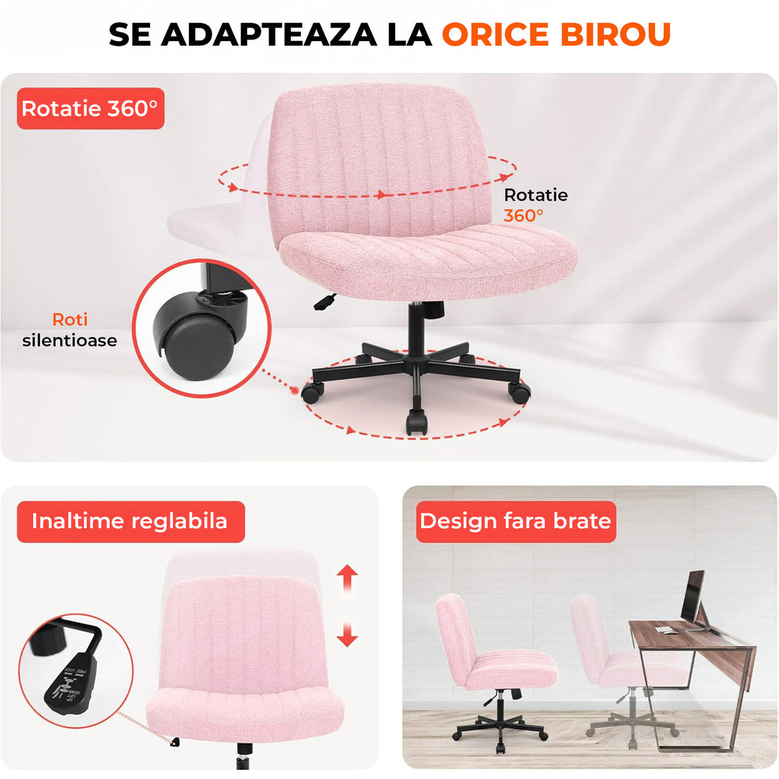Scaun Birou Ergonomic Elindor® Rotativ 360°, fara Manere, cu Spatar Design Compact, Confortabil, Scaune in Stil Modern cu Roti, Picioare Metalice, Reglaj Balansare, Inaltime Ajustabila, 56 × 67 × 92 cm, Roz