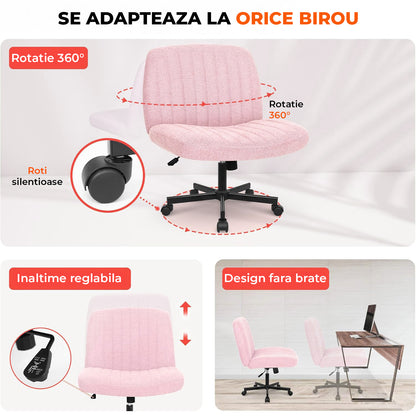 Scaun Birou Ergonomic Elindor® Rotativ 360°, fara Manere, cu Spatar Design Compact, Confortabil, Scaune in Stil Modern cu Roti, Picioare Metalice, Reglaj Balansare, Inaltime Ajustabila, 56 × 67 × 92 cm, Roz