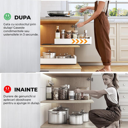 Organizator Multifunctional Elindor® Tip Sertar, cu Adeziv, Suport Metalic Dulap sub Blat Chiuveta, Inaltime Reglabila, Sertar Glisant Organizare pentru Bucatarie, Baie, Camara, Bar, Raft cu Sertare Depozitare Detergenti, Parfumuri, 43x25x9 cm, Alb