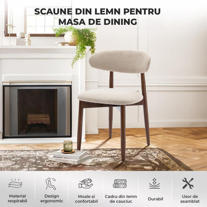 Set 2 Scaune Elindor® Ergonomice, Design Contemporan, Scaun cu Spatar si fara Manere, Tapitate cu Picioare din Lemn, Potrivite pentru Living, Bucatarie, Birou, Dormitor, 79 x 55 x 48 cm, Bej