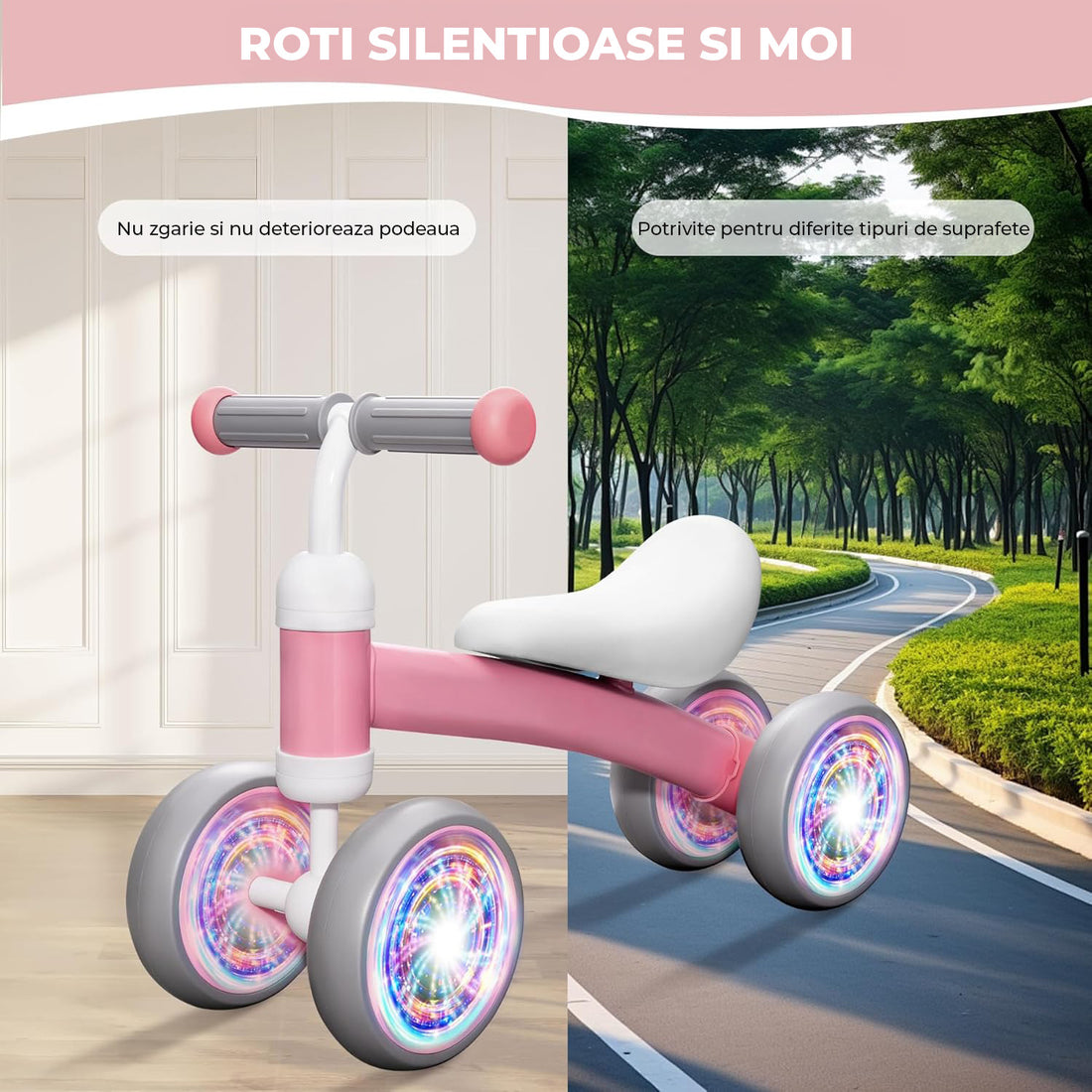 Bicicleta fara Pedale Elindor® pentru Copii, cu 4 Roti cu LED, Usoara, Silentioasa, Robusta, Sa Ergonomica, Dezvolta Echilibrul si Coordonarea, pentru Copii de 10-36 Luni, 55 x 19 x 24.5 cm, Roz