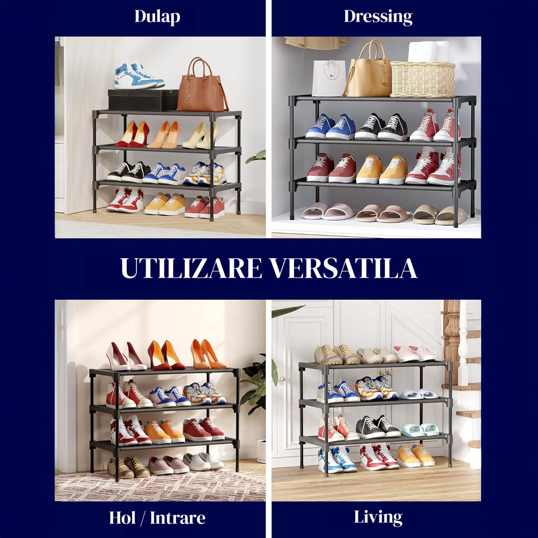 Organizator pentru Pantofi Elindor® Pantofar cu 3 Nivele Mari, Fara Gauri, Suport Metalic pentru Papuci, Dulap Hol, Dormitor, Economisire Spatiu, Depozitare Incaltaminte, 30 × 70 × 47 cm, Negru