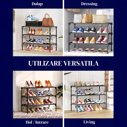 Organizator pentru Pantofi Elindor® Pantofar cu 3 Nivele Mari, Fara Gauri, Suport Metalic pentru Papuci, Dulap Hol, Dormitor, Economisire Spatiu, Depozitare Incaltaminte, 30 × 70 × 47 cm, Negru
