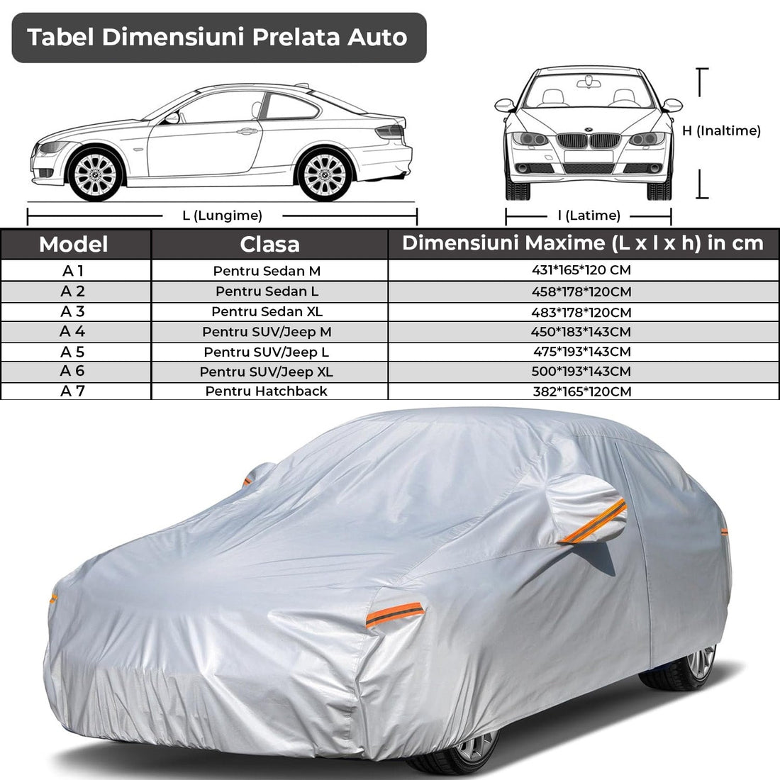 Prelata Auto Gri 6 Straturi Elindor®, Husa Protectie Completa, Antigrindina, Ploaie, Anti Soare, Impermeabila, Toate Anotimpurile, Bumbac, Compatibila pentru Sedan, Accesorii Masina Exterior, 483x178x120 cm