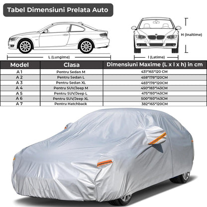 Prelata Auto Gri 6 Straturi Elindor®, Impermeabila, Toate Anotimpurile, Husa Protectie Completa, Antigrindina, Ploaie, Anti Soare, Bumbac, Compatibila pentru Sedan, Accesorii Masina Exterior, 431x165x120 cm