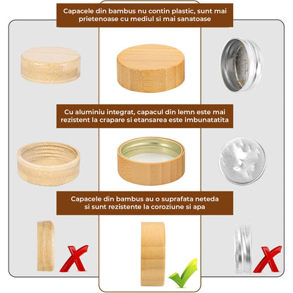 Set 24 Recipiente Condimente Elindor® din Sticla cu Capac din Bambus, cu Sita, Organizator Bucatarie, Organizatoare Sertar, Borcane 120 ml, 2 Tipuri de Etichete si Palnie din Silicon, Accesorii Depozitare, Transparente