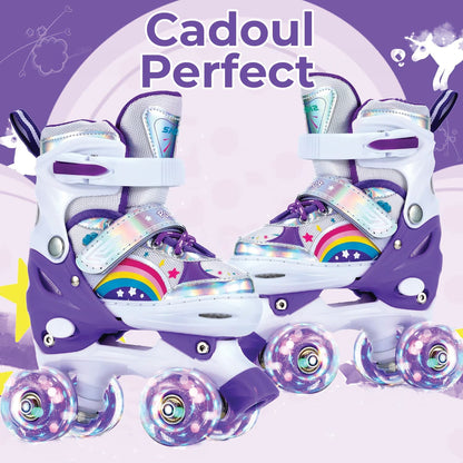 Role Reglabile pentru Copii și Adulți, 4 Roți Luminoase, Model Curcubeu, Mărimea XS 26-30, Mov