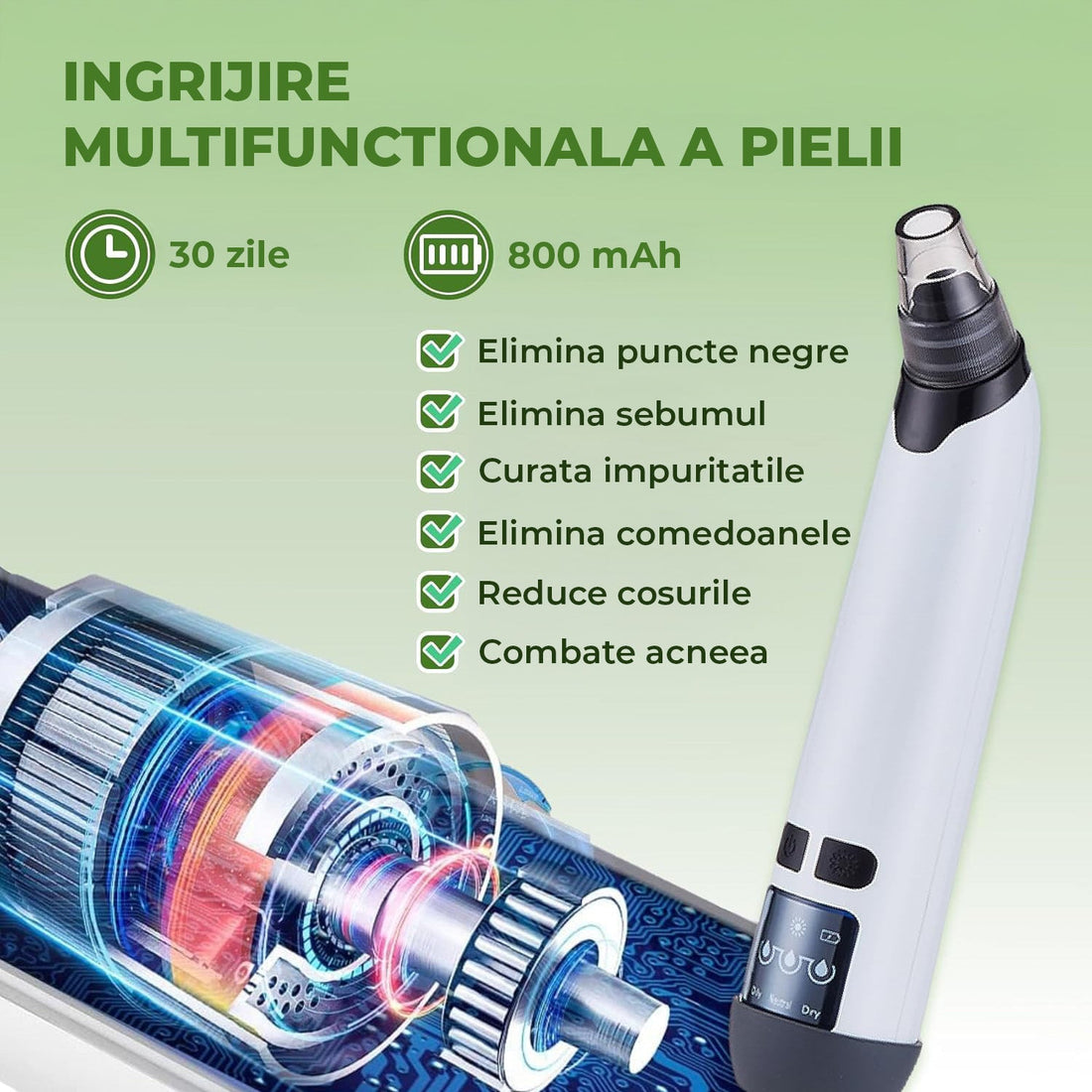 Aparat pentru Puncte Negre Elindor® Aspirator Reglabil, 4 Capete Incluse, 3 Trepte de Viteza, Ingrijirea Tenului, Alb