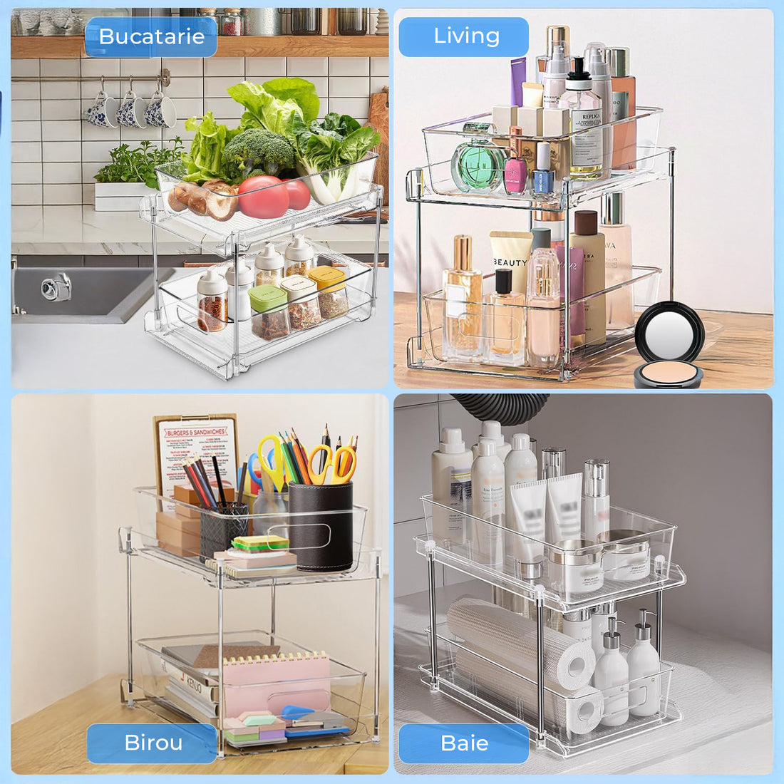 Set 2 Organizatoare Transparente Elindor® cu 2 Nivele, Recipient de Depozitare Multifunctional si Glisant, Organizator pentru Dulapul de sub Chiuveta din Baie si Bucatarie, 30 × 19 × 25.5 cm