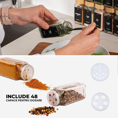 Set 24 Recipiente Condimente Elindor® din Sticla cu Capac Inox, cu Sita, Organizator Bucatarie, Organizatoare Sertar, Borcane 120 ml, 2 Tipuri de Etichete, Palnie din Silicon, Pix Alb Inclus, Perie de Curatare, Accesorii Depozitare