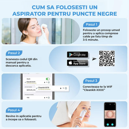 Aspirator Profesional Puncte Negre Elindor® Camera HD 5 MPX, 6 Capete Inter-Schimbabile, 3 Nivele de Putere, Roz