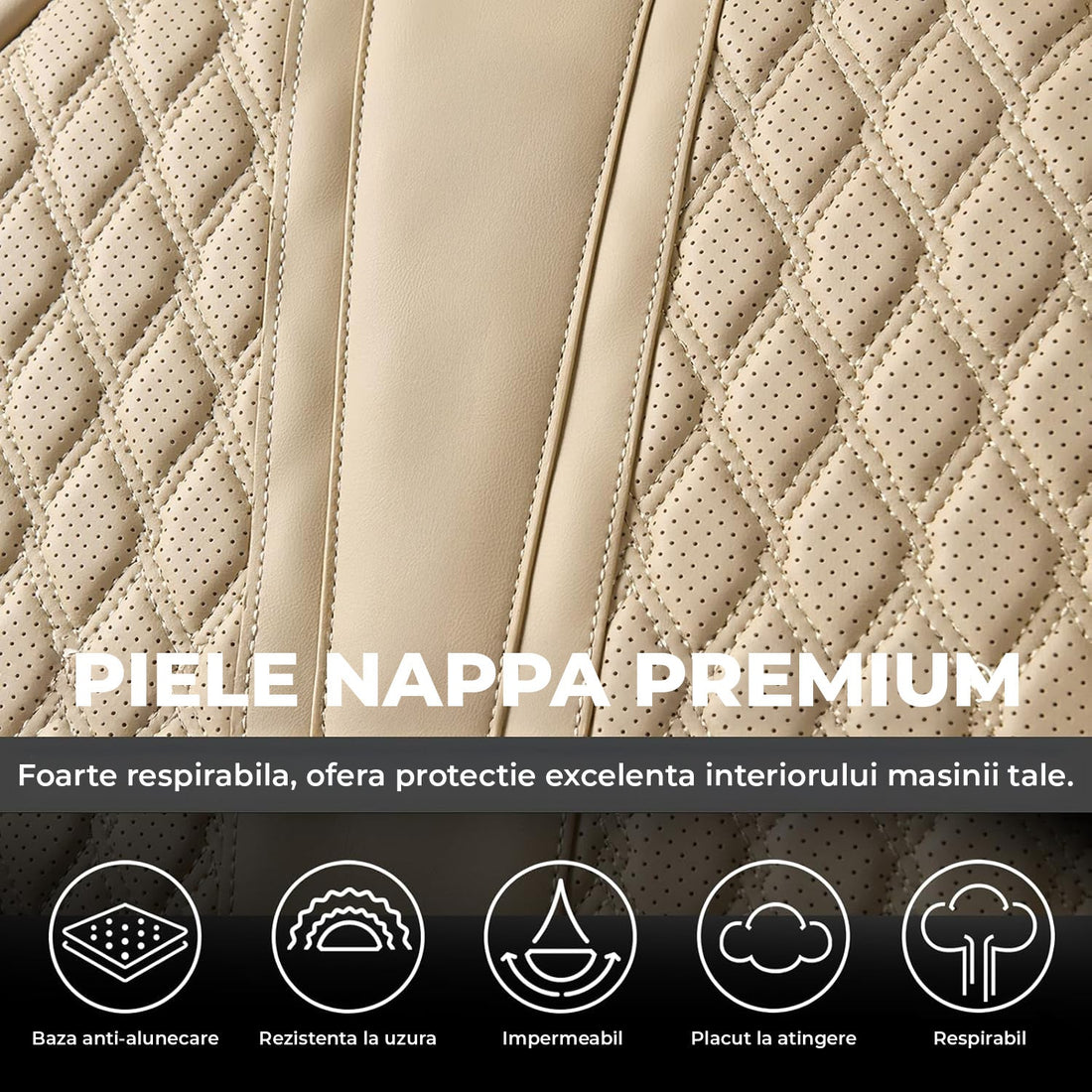 Set 5 Huse Auto Elindor® pentru Scaune, Piele Ecologica Impermeabila, Rezistente la Zgarieturi, Cu Suport Lombar, Instalare Usoara, Protectie Interior, Compatibile cu Civic, Duster, Golf, Passat, Qashqai, X5, Bej