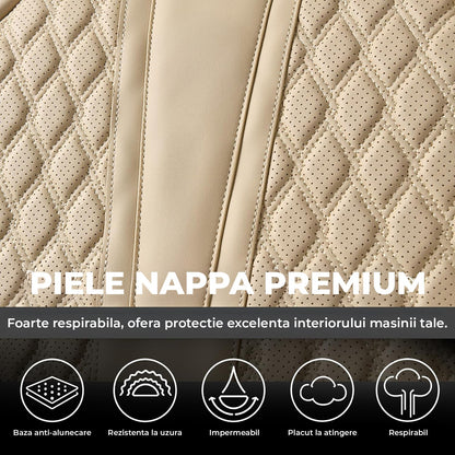 Set 5 Huse Auto Elindor® pentru Scaune, Piele Ecologica Impermeabila, Rezistente la Zgarieturi, Cu Suport Lombar, Instalare Usoara, Protectie Interior, Compatibile cu Civic, Duster, Golf, Passat, Qashqai, X5, Bej