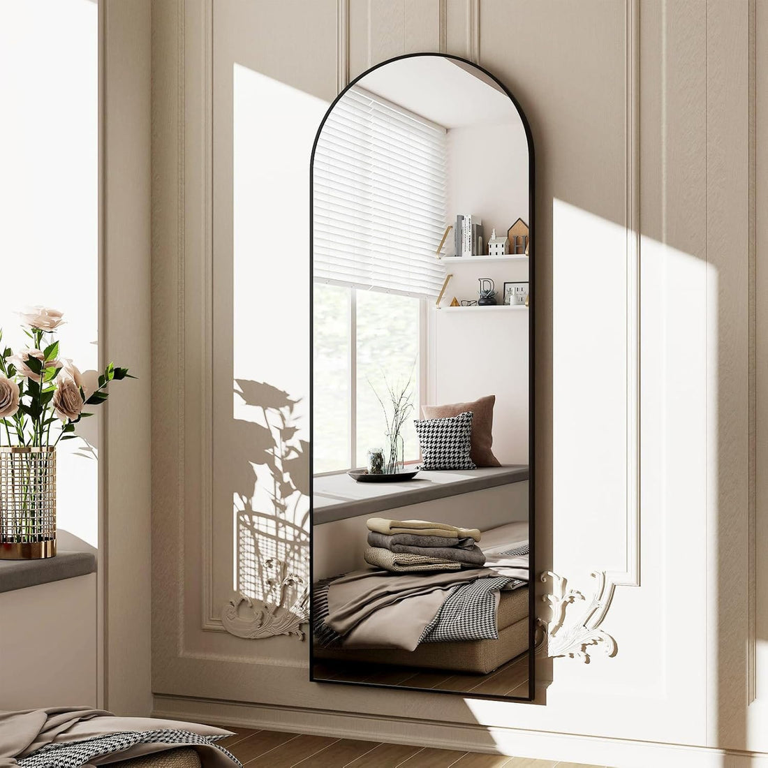 Oglinda Elindor® Cadru din Aluminiu, 150x40 Cm, Design Arcada, Modern, Montaj pe Perete sau Podea, Ideala pentru Dormitor, Living sau Hol, Negru