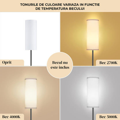 Lampa de Podea Elindor® Veioza cu Abajur Tesatura, Lumina Calda, Soclu Compatitbil E26, Structura Metalica, pentru Camera de Zi, Dormitor, Sufragerie, Birou, Hol, Picior 194 x Baza 22 cm, Alb