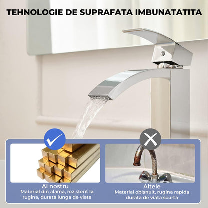 Baterie Chiuveta Vas Elindor®, Robinet Cascada, Design Modern, Alama Solida, Argintiu