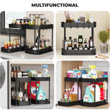 Organizator Elindor® cu 2 Nivele, Recipient de Depozitare Multifunctional si Glisant, Organizator pentru Dulapul de sub Chiuveta din Baie si Bucatarie, 20.3 x 38 x 32.5 cm, Negru