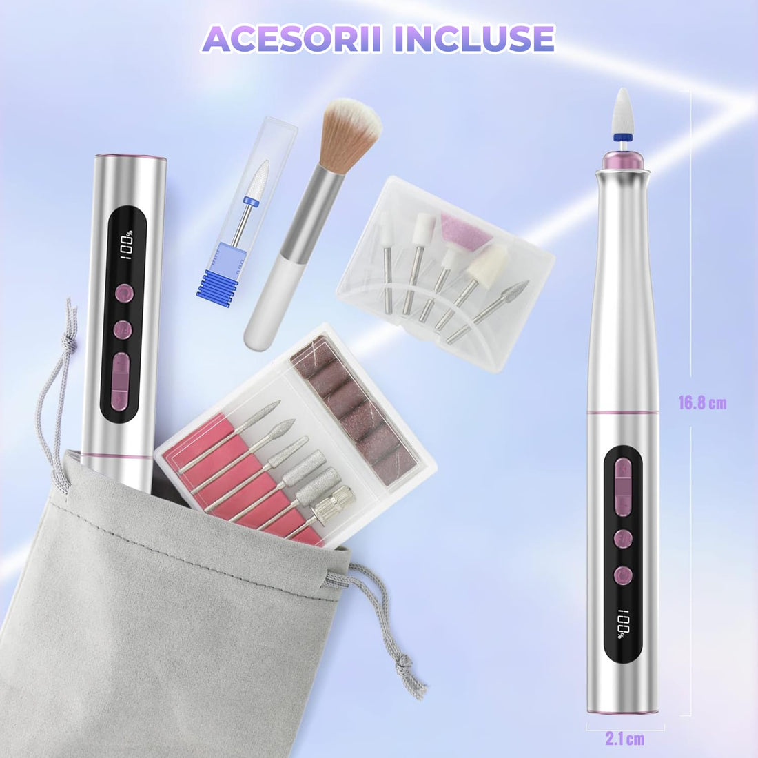 Freza Unghii Reîncărcabilă Elindor® 35.000 RPM, Afisaj LED, 5 Viteze, Alb