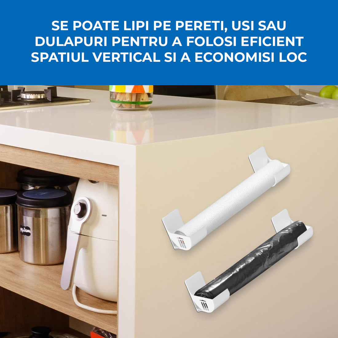 Set 4 Organizatoare Multifunctionale Elindor® cu Adeziv, Suport din Plastic Dulap pe Usa Blat Chiuveta, Inaltime Reglabila, 4x Organizator Suspendat, Organizare pentru Bucatarie, Baie, Camara, Bar, Raft Depozitare Saci de Gunoi, Pungi, 7x6.5x4 cm, Alb