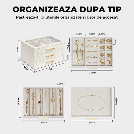 Cutie de Bijuterii Elindor® 3 Sertare si Geam Transparent, Organizator Elegant Pentru Inele, Cercei, Bratari Si Coliere, Design Modern, Alb