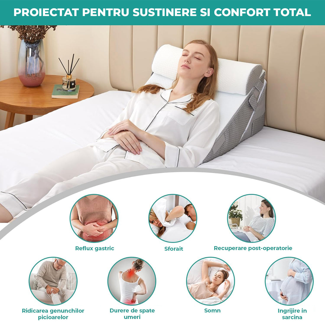 Set 3 Perne Ortopedice Elindor® pentru Pat, Perna Spuma cu Memorie, Hipoalergenica, Suport Spate, Picioare, Genunchi, Post-Operator, Anti-Reflux, Antisforait, Antirid, Pliabile, Hipoalergenic Huse Bumbac Aspect Catifea, Reglabile 23-30 cm, Alb/Gri
