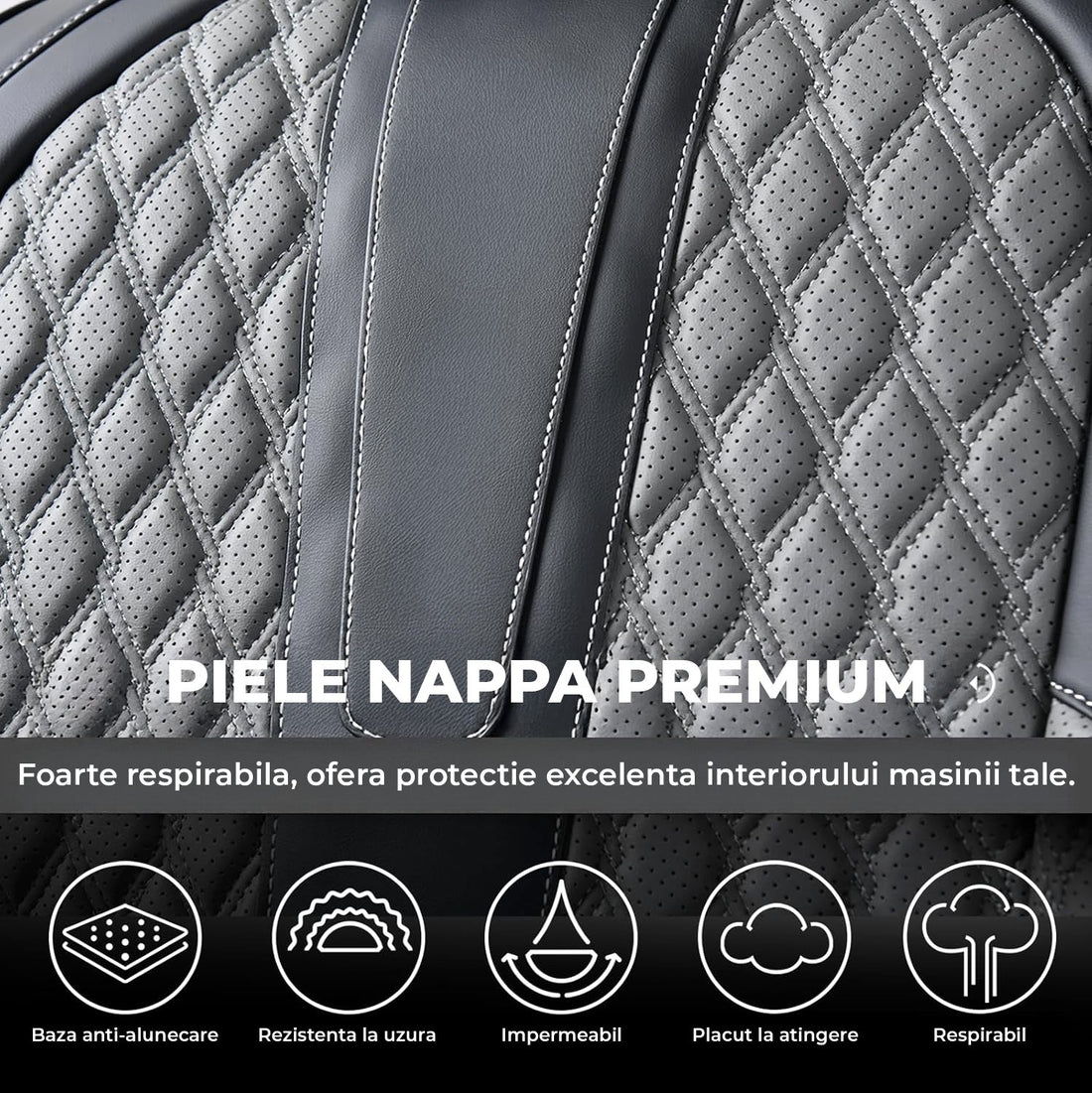 Set Complet de 3  Huse Scaune Auto Elindor®, Piele Nappa, Protectie Bancheta si Scaun, Montaj Rapid, Husa Impermeabila, Acoperire Spatar si Sezut, Acceosirii Masina Interior, Universale Compatibile cu VW, Dacia, Renault, BMW, Ford, Skoda, Hyundai, Gri