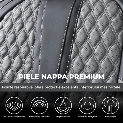 Set Complet de 3  Huse Scaune Auto Elindor®, Piele Nappa, Protectie Bancheta si Scaun, Montaj Rapid, Husa Impermeabila, Acoperire Spatar si Sezut, Acceosirii Masina Interior, Universale Compatibile cu VW, Dacia, Renault, BMW, Ford, Skoda, Hyundai, Gri