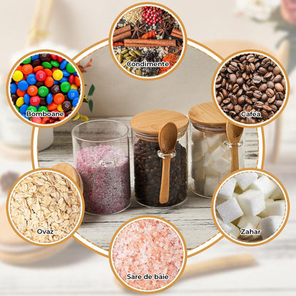 Set 2 Recipiente din Sticla Elindor®, Borcane cu Capac din Bambus pentru Zahar, Cafea, Condimente, Faina, Nuci, Sare, Dulciuri, 450 ml, Dimensiuni  12.5x8.5cm, Transparent