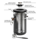 Recipient Inox pentru Cafea Elindor® Borcan Etans cu Capac si Lingurita, Cutie Depozitare Zahar, Ceai, Paste, Orez, Cereale, Faina, Prajituri, Supe, Alimente, Caserola Bucatarie, pentru Frigider si Congelator, 650 ml, Geam Transparent, Negru