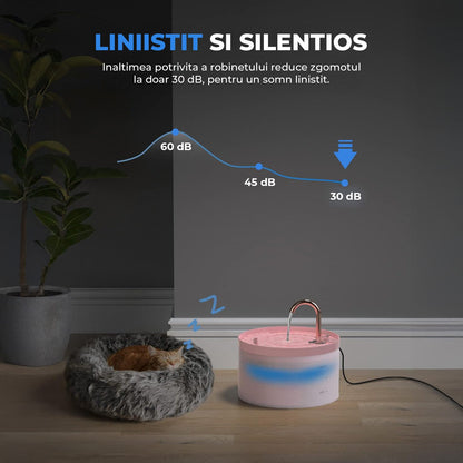 Fantana de Apa pentru Pisici Elindor® 2L cu Robinet Imitat Filtru Carbon Activ si Iluminare LED Ultra Silentioasa Design Compact, Roz