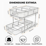 Set 2 Organizatoare Transparente Elindor® cu 2 Nivele si Separatoare, Recipient de Depozitare Multifunctional si Glisant, Organizator pentru Dulapul de sub Chiuveta din Baie si Bucatarie, 30.4 x 23 x 16 cm