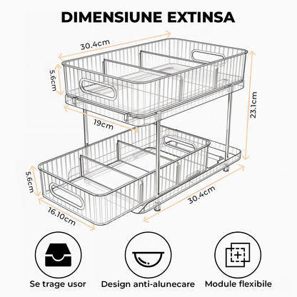 Set 2 Organizatoare Transparente Elindor® cu 2 Nivele si Separatoare, Recipient de Depozitare Multifunctional si Glisant, Organizator pentru Dulapul de sub Chiuveta din Baie si Bucatarie, 30.4 x 23 x 16 cm