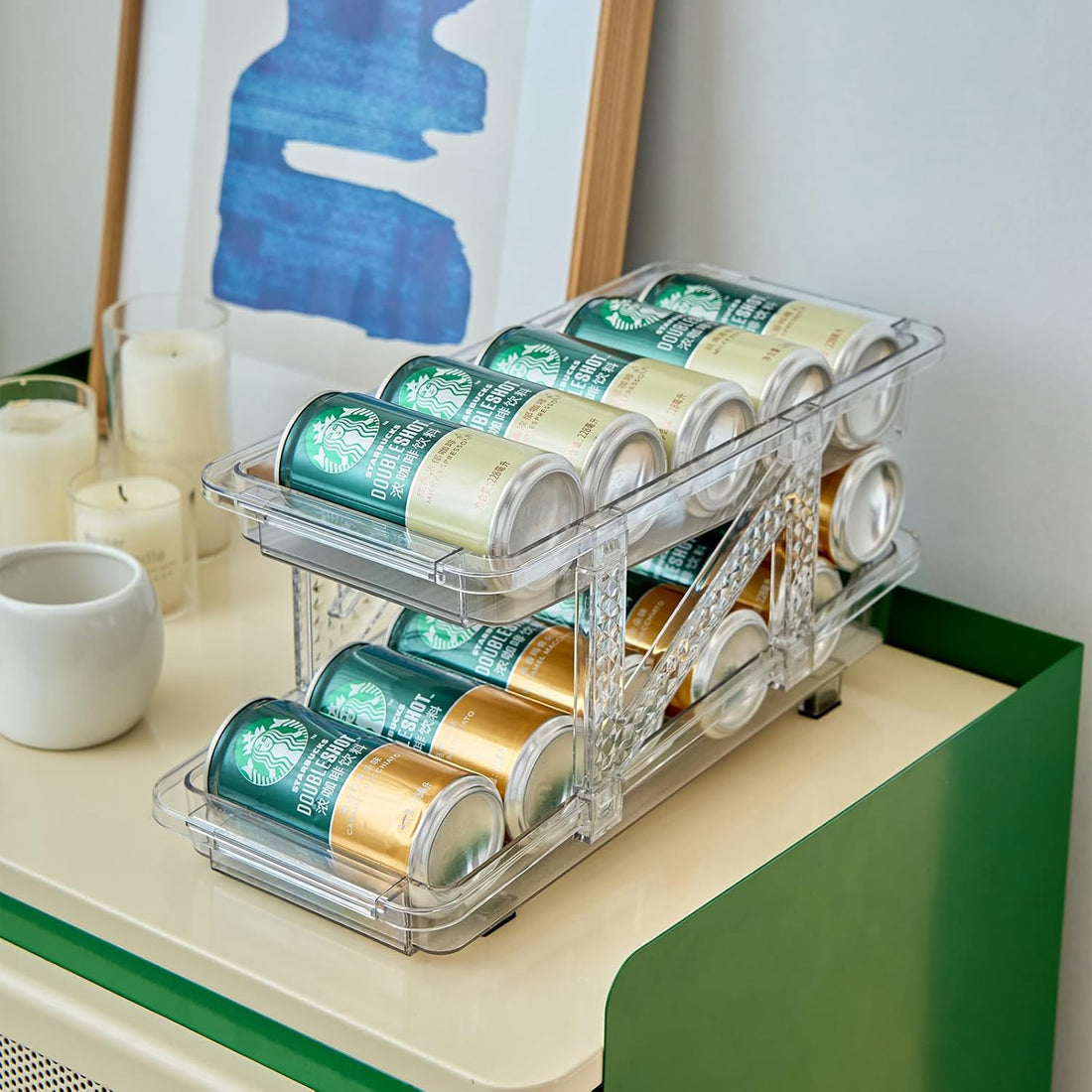 Organizator Bauturi Elindor® pentru Frigider, Dulap sau Blat, 10-11 Doze de 330-500 ml, 2 Nivele, Ajustabil, Antiderapant, Potrivit si pentru Iaurt,32 x 23.5 x 16.5 cm, Transparent