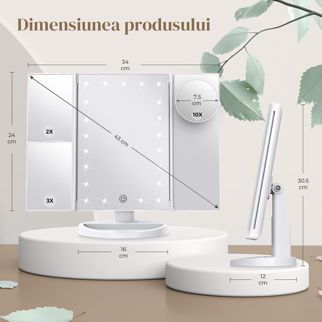 Oglinda Cosmetica Elindor® cu Iluminare LED, Marire 2X, 3X, 10X, Control Tactil, Alimentare Dubla, Alb