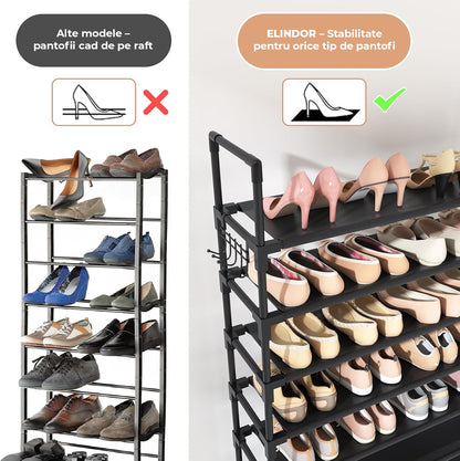 Organizator pentru Pantofi Elindor® Pantofar cu 10 Nivele Mari si 10 Carlige Metalice, Fara Gauri, Suport Metalic pentru Papuci, Dulap Hol, Dormitor, Economisire Spatiu, Depozitare Incaltaminte, 25 × 86 × 173 cm, Negru