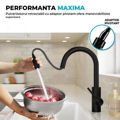 Baterie Bucatarie cu Dus Extractibil Elindor®, Jet Ajustabil, Design Modern, Negru