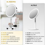 Oglinda Cosmetica Elindor® LED, Marire 10X, 3 Culori de Lumina, Baterie 2000mAh, Diametru 20 cm, Argintiu