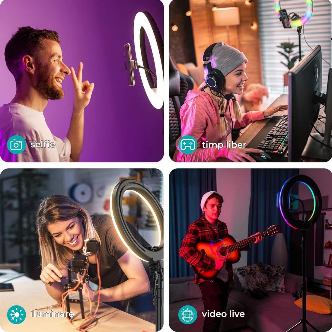 Lampa Ring Light Elindor®,10 Inch, RGB, Negru