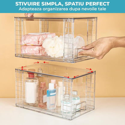 Set 4 Cutii Elindor® pentru Depozitare Compactă, Sertare Stivuibile și Glisante, Transparente
