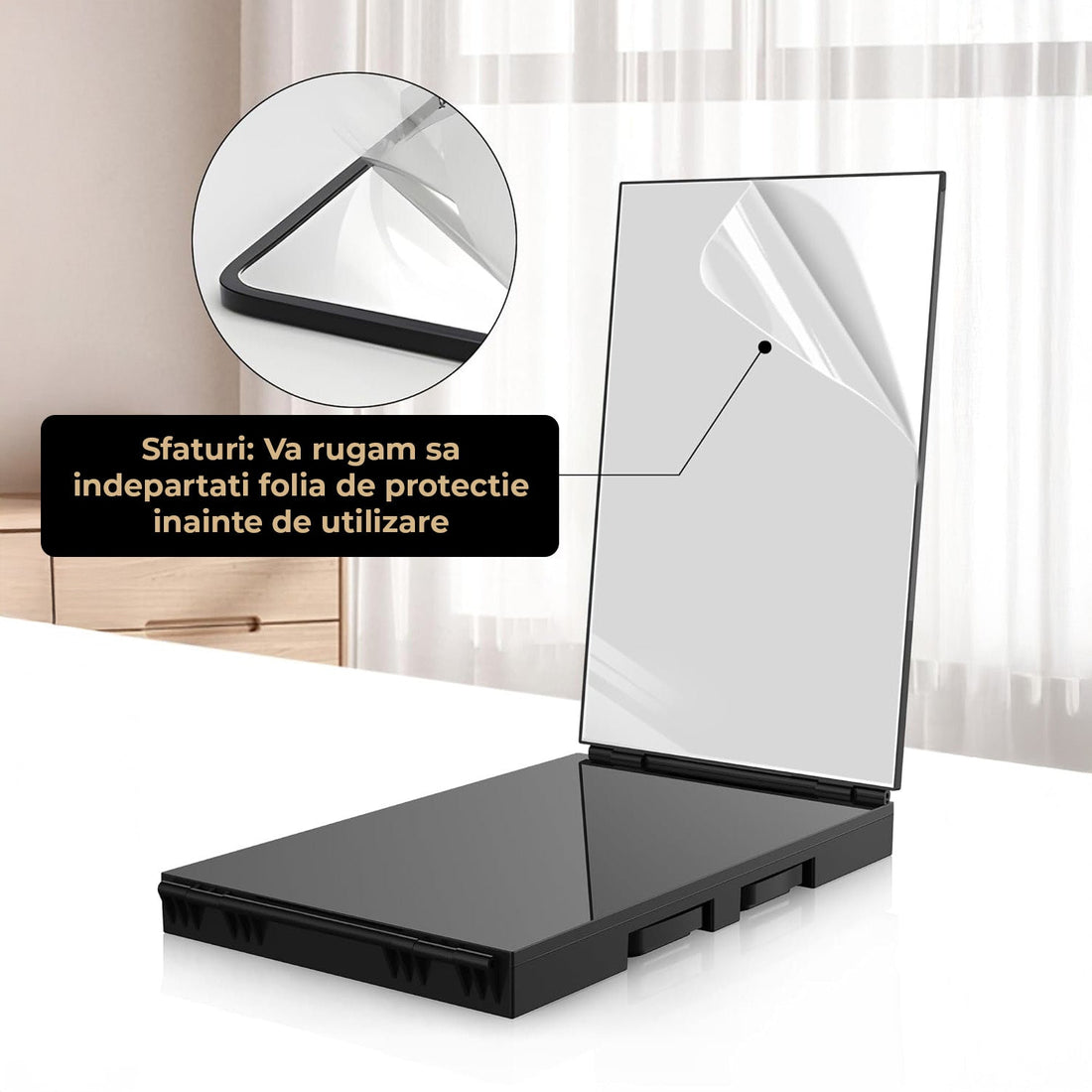 Oglinda Pliabila Elindor® cu LED, Anti-Aburire, Sticla HD, USB, Baterie 1500mAh , Vizualizare Completa 360°, Negru