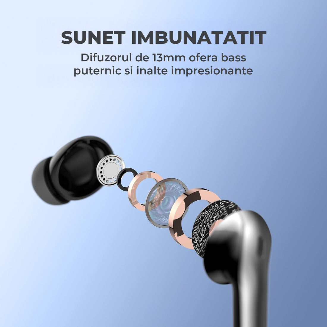 Casti Elindor® Wireless In-Ear Cu Afisaj LED, 60h Autonomie, Incarcare Wireless, IPX5, Control Tactil, Cu Microfon, Negru
