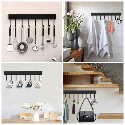 Suport de Perete Elindor® pentru Ustensile de Bucatarie, cu 8 Carlige, Lipire cu Adeziv, fara Gauri, Depozitare Tacamuri, Suport Metalic, Accesorii Organizare, Economisire Spatiu, Organizator de 40 x 3.5 cm, Negru