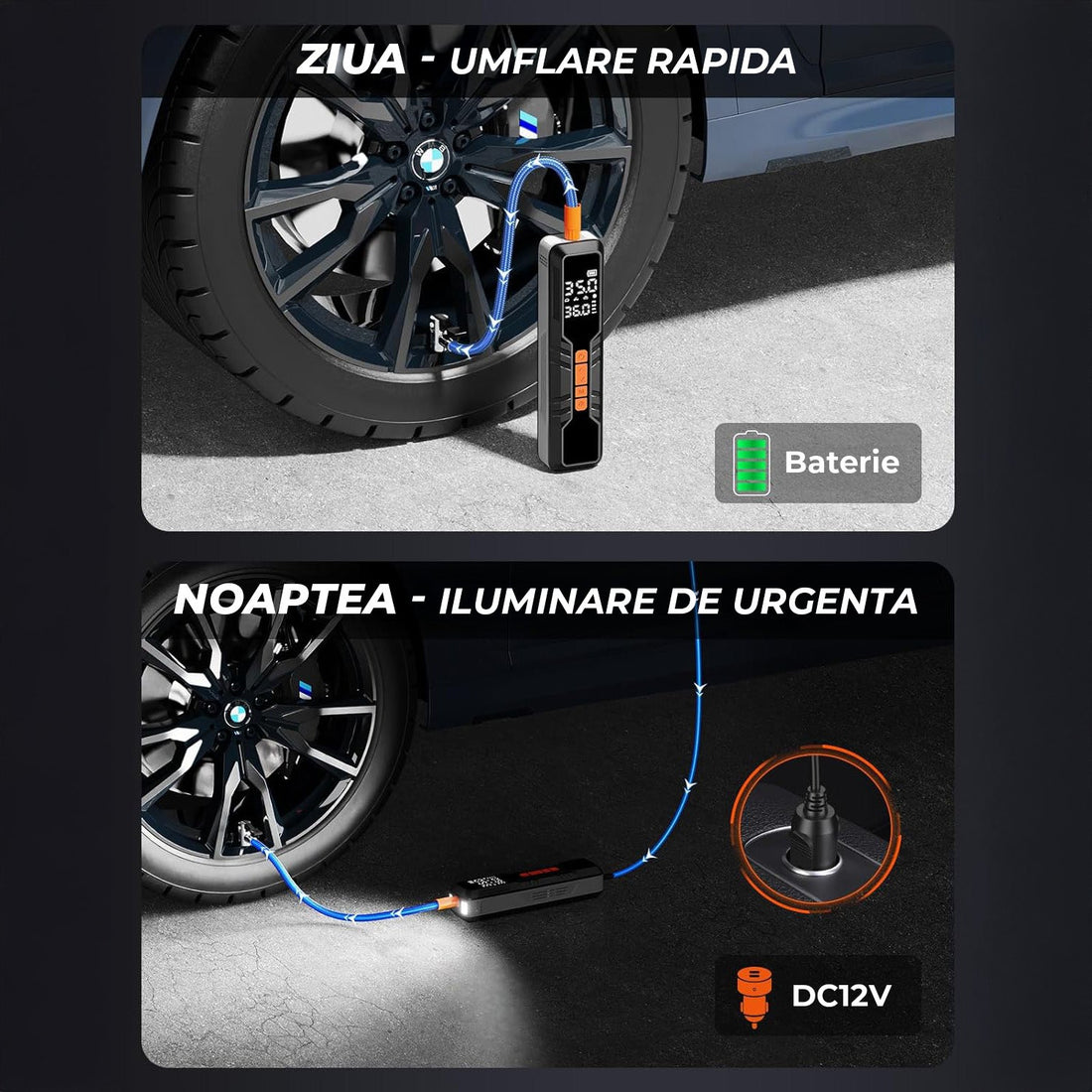 Compresor de Aer Elindor® Portabil 150PSI, 10000mAh cu Afisaj Digital si Lumina LED, Pompa Auto, Negru