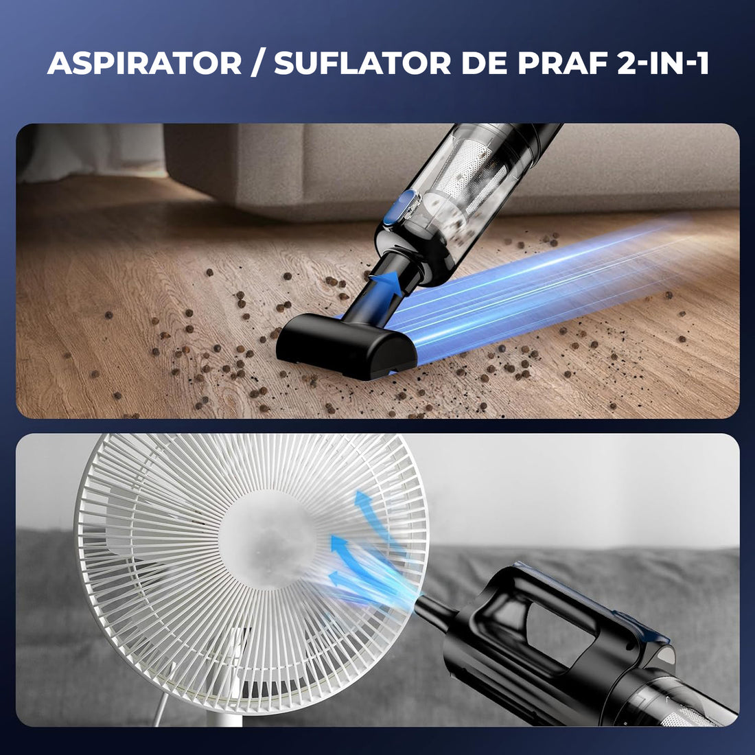 Aspirator 2 in 1 Elindor® pentru Antiacarieni pentru Covoare, Masina, Saltea si Tapiterie, 180000 Pa, 130W, Filtru HEPA Lavabil, Ultrasunete, Zgomot Redus 85 dB, 260 ml, Modul 2‑in‑1, Ideal Pentru Alergii, Animale si Bebelusi, Albastru