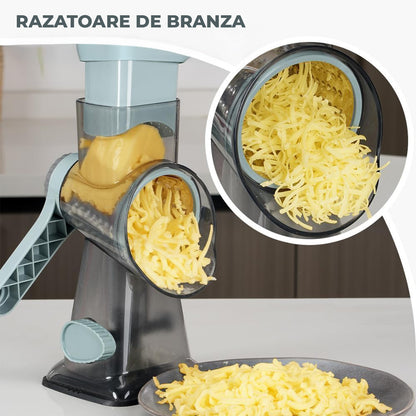 Rasnita Rotativa 3 in 1 Elindor® cu Maner, Razatoare Lame din Otel Inoxidabil, Tocator Legume, Cascaval, Razatoare Branza, Nuci, Morcovi, Varza, Ustensila de Bucatarie, Design Compact, Multifunctional, Gri